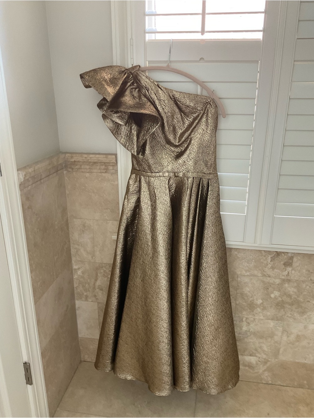 Mac Duggal Metallic Gold One-Shoulder Fit-and-Flare Dress